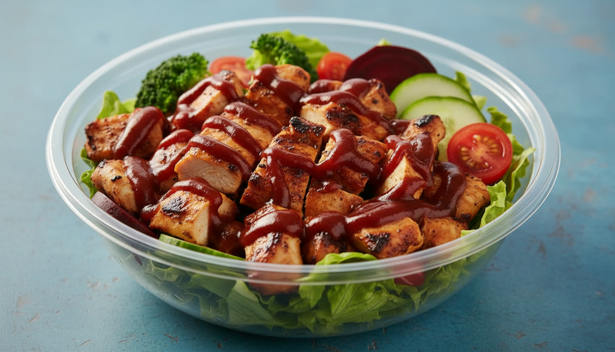 Bowl de ensalada Hope Salads con pollo en salsa BBQ, brócoli, pepino, betabel y jitomate