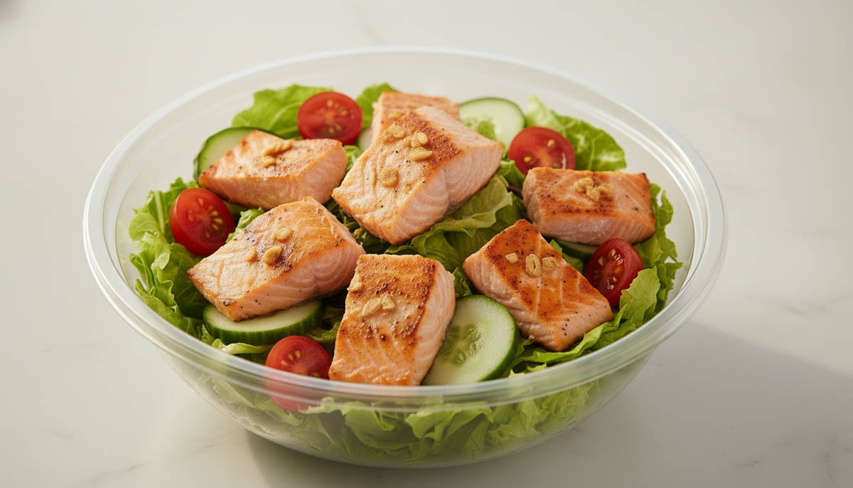 Bowl de ensalada Hope Salads con trozos de salmón a la plancha, pepino y jitomate sobre hojas verdes