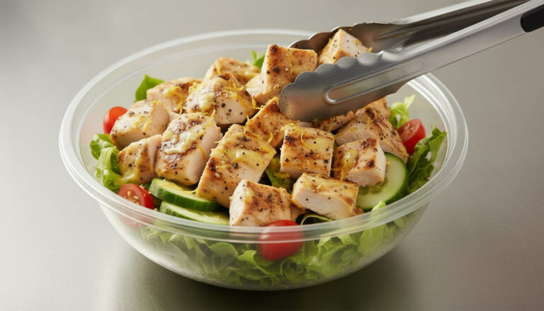 Bowl de ensalada Hope Salads con pollo, hojas frescas, limon y pimienta